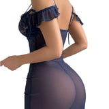 Conjunto de lencería sexy azul marino vestido largo dividido