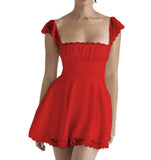 Vestido con tirantes y cuello cuadrado de encaje, delgada, sin espalda, blanca, francesa