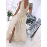 Vestido largo con abertura frontal y escote en V de color liso con falda tobillera y sin mangas de verano para mujer