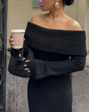 Vestido largo de punto con hombros descubiertos para mujer