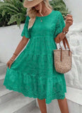 Vestido casual de cintura con mangas con volantes y cuello redondo de manga corta con bordado hueco para mujer