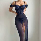Conjunto de lencería sexy azul marino vestido largo dividido