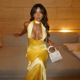 Vestido de satín con tirantes halter y escote en V profundo, sexy y elegante