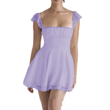 Vestido con tirantes y cuello cuadrado de encaje, delgada, sin espalda, blanca, francesa