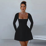 Ropa de mujer Vestido ajustado de manga larga con cuello cuadrado Mujer