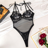 Body transparente de malla con bordado de encaje y cuello en V