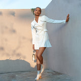 Minifalda de traje de manga larga con volantes y cuello en V para mujer