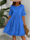 Vestido casual de cintura con mangas con volantes y cuello redondo de manga corta con bordado hueco para mujer