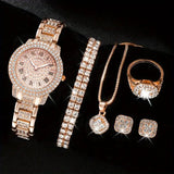Set Conjunto de cinco piezas de reloj de cuarzo romano de moda con diamantes para mujer