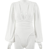 Body sexy de manga larga con cintura escote en V profunda y temperamento plisado