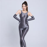 Body cierre entrepierna sedoso aceitoso de color sólido a la moda para mujer