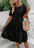 Vestido casual de cintura con mangas con volantes y cuello redondo de manga corta con bordado hueco para mujer