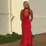 Vestido de satín con tirantes halter y escote en V profundo, sexy y elegante