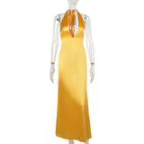 Vestido de satín con tirantes halter y escote en V profundo, sexy y elegante